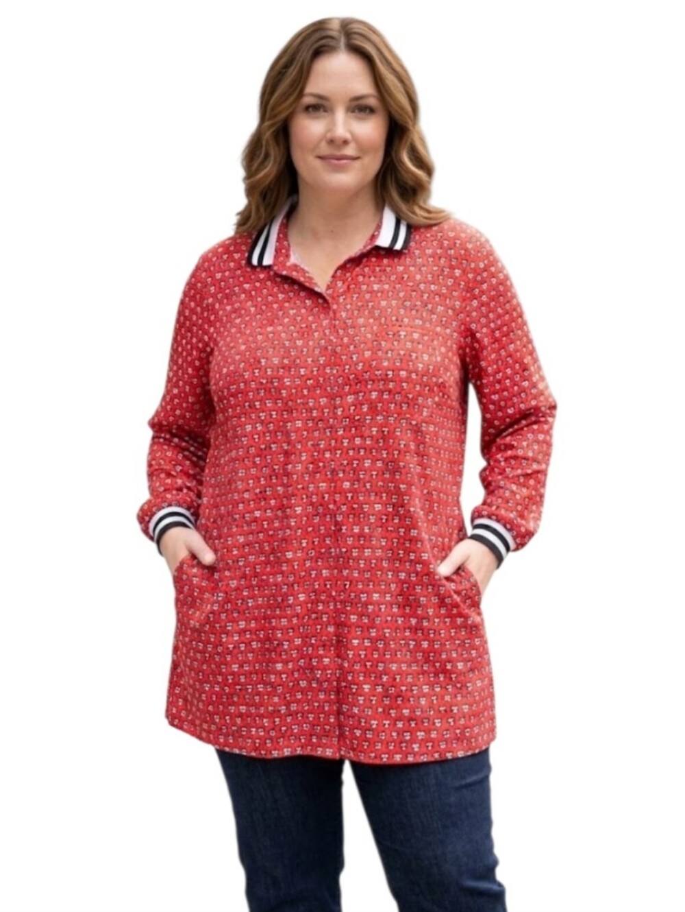 Eloquui Red Cat Printed Polo Blouse with Stripe Trim Size 1X